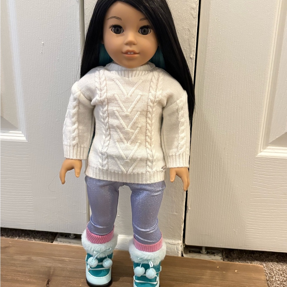American Girl Doll with White Sweater and Blue Boots